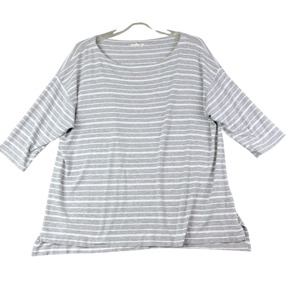 Eileen Fisher L Gray Striped Tencel Lyocell 3/4 Sleeve Relaxed Top Casual Boxy